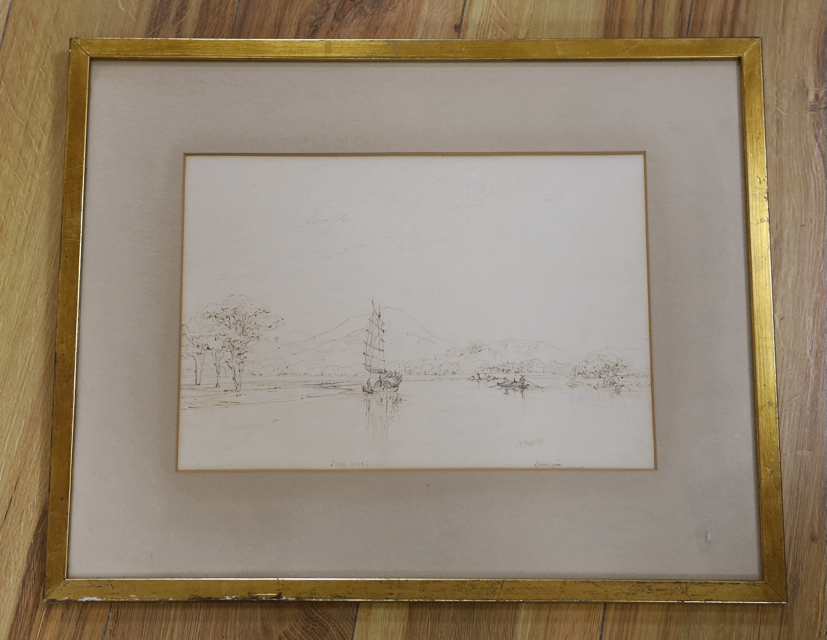 Manner of George Chinnery (1774-1852) pencil and ink, Chinese river landscape before mountains, indistinctly inscribed, The Rowley Gallery label verso, 31cm x 22cm